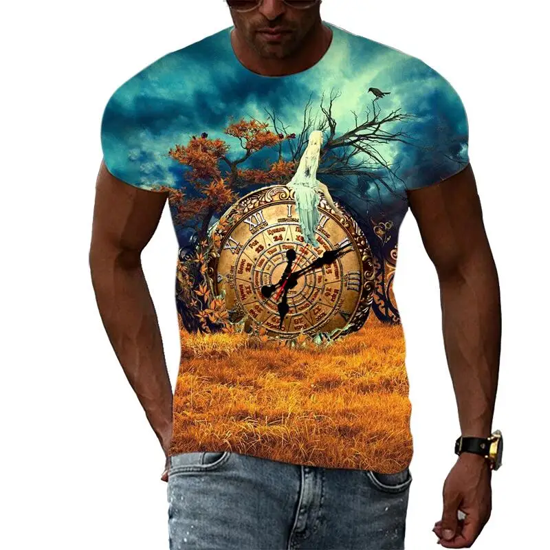 

Summer Fashion abstract Clock T Shirts For Men Casual 3D Print Tee Hip Hop Harajuku Personality Round Neck Top Short Sleeve Tee