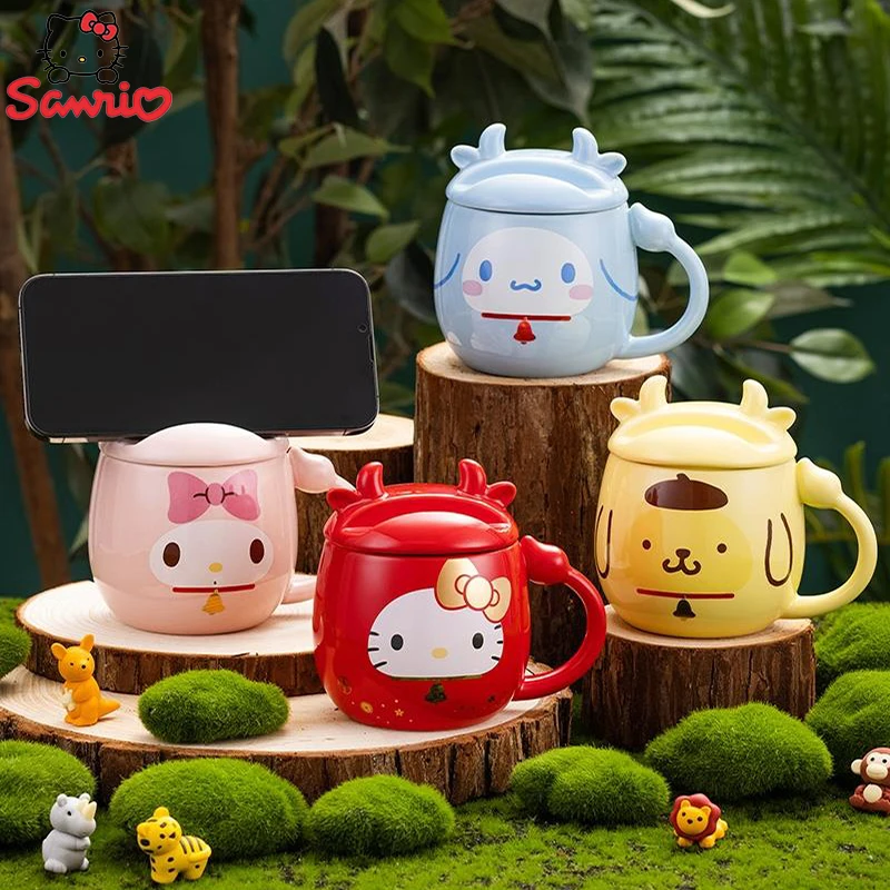 

Kawaii Sanrio Hello Kitty My Melody Cinnamoroll Cartoon Cute Ceramic Water Cup Home Personalized Mug with Lid Breakfast Cup