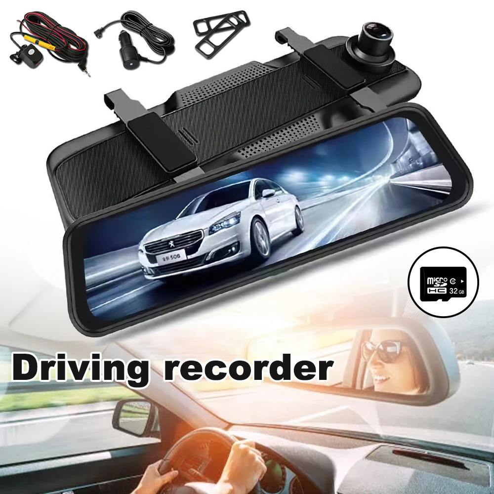 

10"Full Screen Dash Camera HD Dual Lens Car DVR Dash Cam Front and Rear Mirror Camera Video Recorder Stream Media With 32G Card
