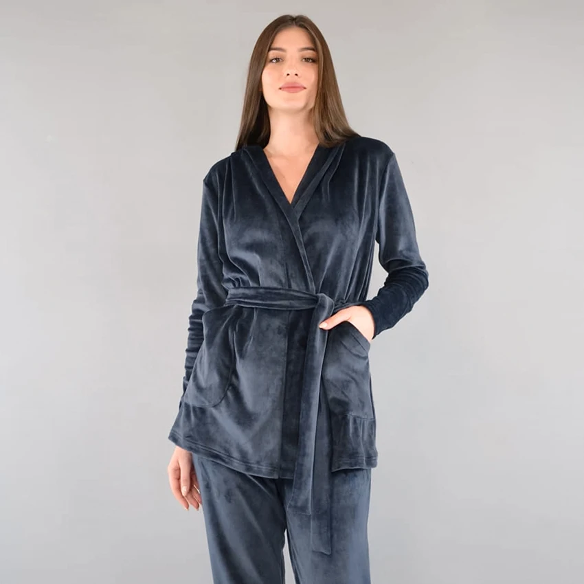 

Hiloc Hoodies Velvet Sleepwear Full Sleeves 2022 Pajama Sets Double Pockets Knitted Home Suit For Women Set Woman 2 Pieces Warm