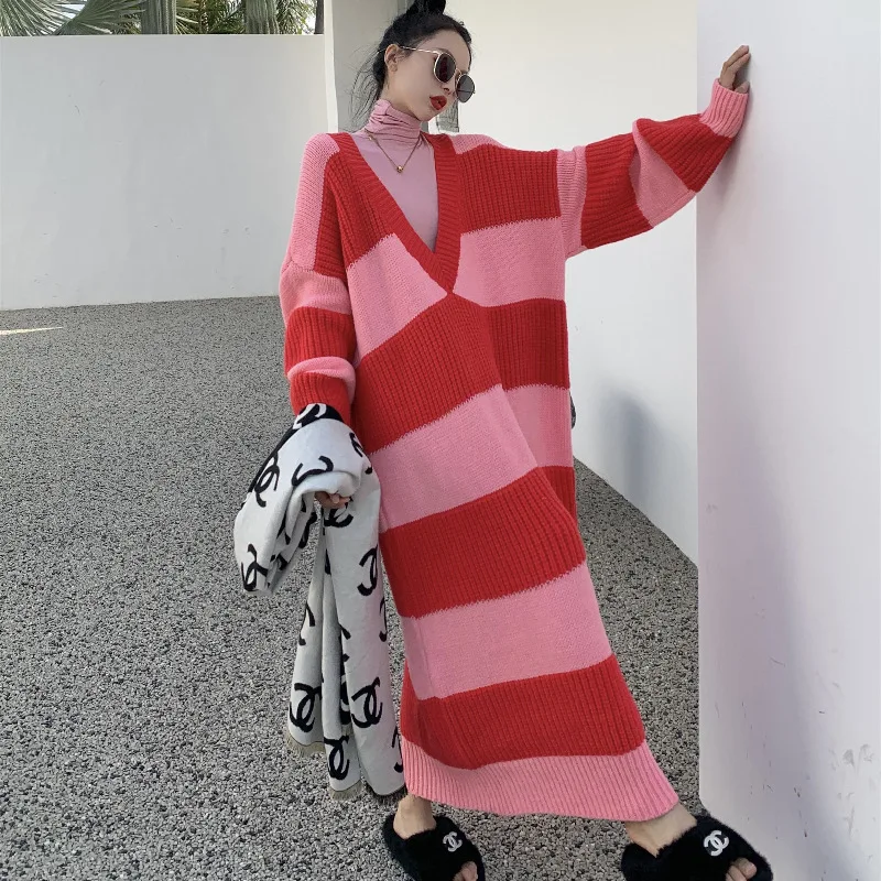 

Fashion Stripe Deep V-neck Knitting Sweater Dress Autumn Women Women Streetwear Big Size Casual Loose Long Pullover Dresses 2115