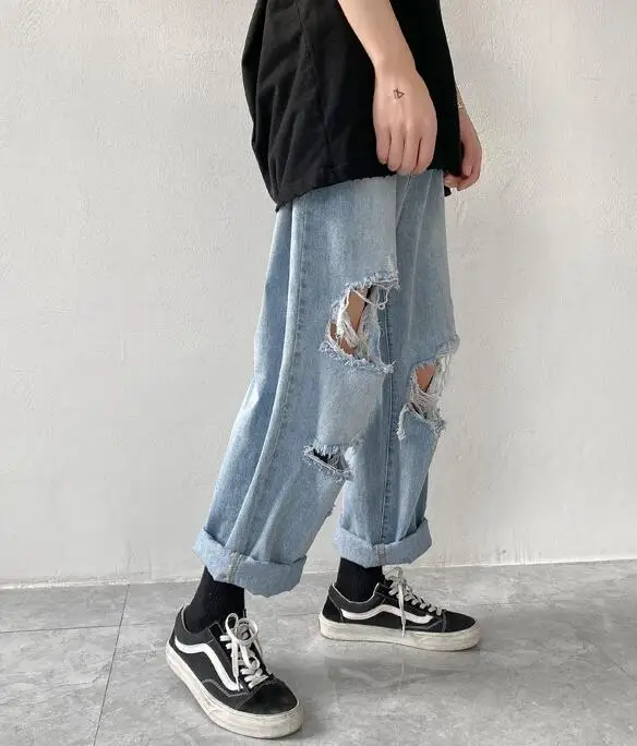 Men Jeans Wide-Leg Straight Jeans Hole Ripped Street-Wear Denim Trousers Mens Loose Fashion Harajuku Beggar Pants