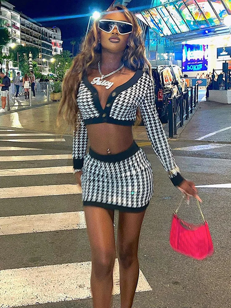 

V-Neck Chidori Grid Plaid Prints Fastening Skirts For Women Long Sleeve Conjuntos De Saias Casual Silm Fit Short Two Peice Sets