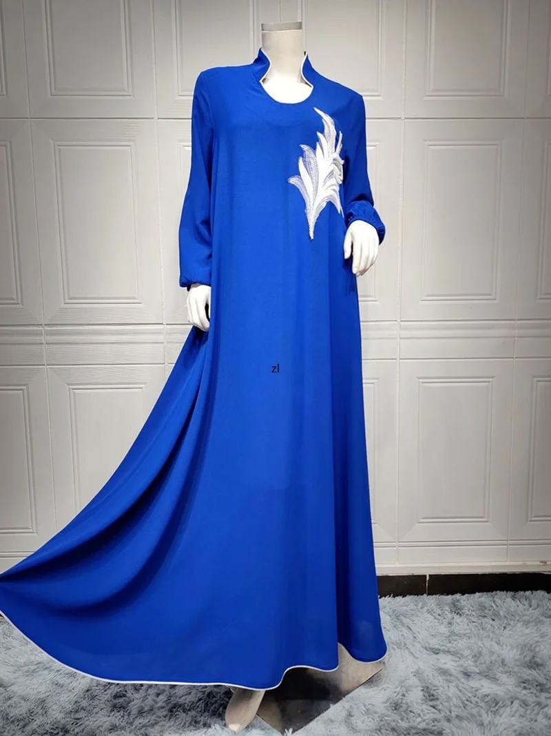 Appliques Abaya Arabian Long Dress Women Elegant African Dresses Muslim Loose Modest Robe Islam Dubai Saudi Ramadan Kaftan Blue