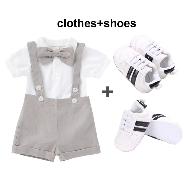 Baby Boy Clothes Gentleman Christening Outfit White Romper with Suspender Pants  Shoes Fashion  for Infant Wedding