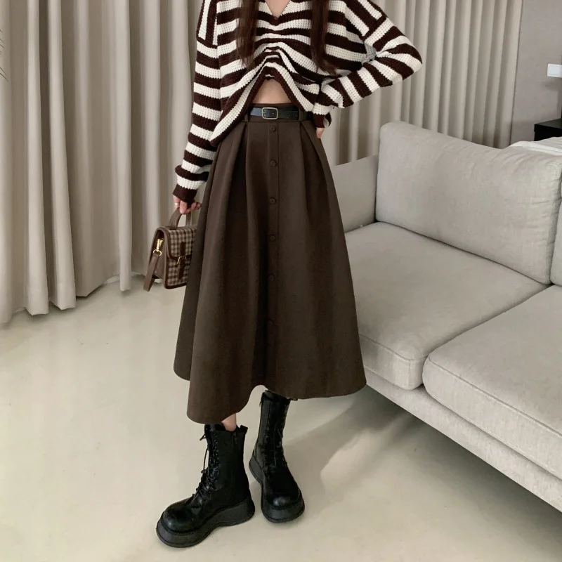

Women's Fashion Korean Version New High-waisted Single-breasted Slim Skirt Midi Skirt Temperament A-line Skirt + Belt