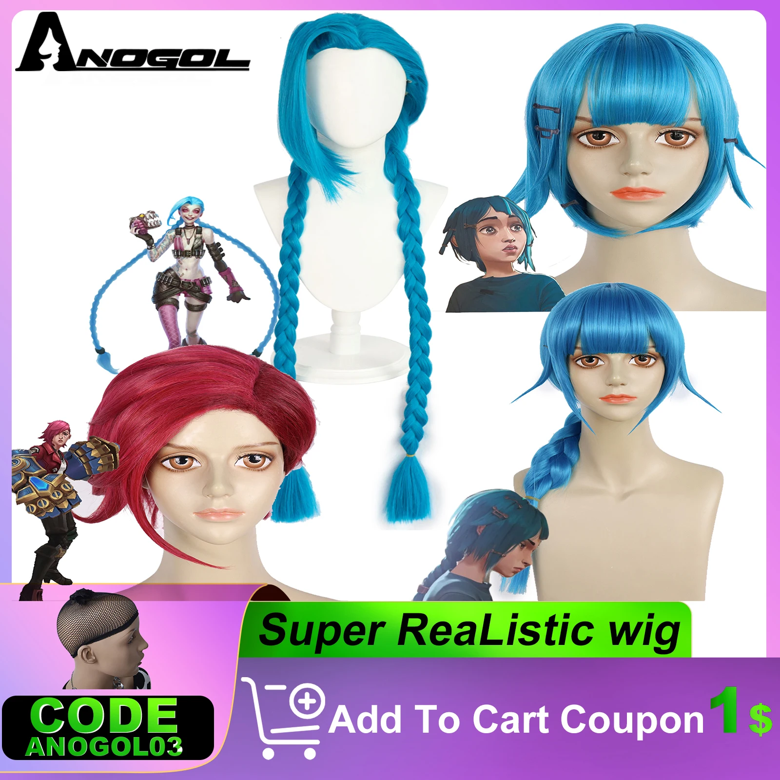 

AN Synthetic lol Jinx Cosplay Wig Hair Game 47Inch Blue Long Braid Cosplay Wigs Short Blue Red Wig for Women Girls Cosplay Party
