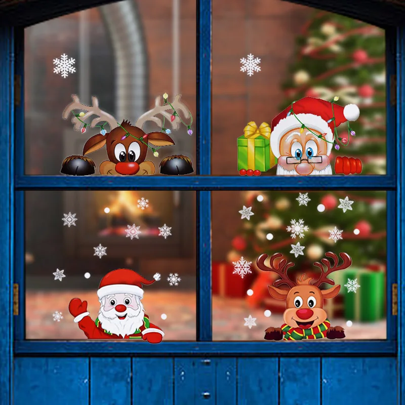 

1Pc Christmas Santa Claus Elk Snowflake Stickers PVC Window Stickers Christmas Decorations For Hone Navidad Decor New Year 2023