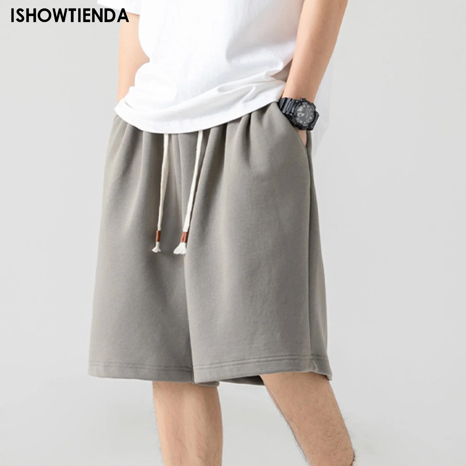 

Драпированные мужские спортивные шорты в стиле ретро, однотонные свободные шорты с прямым рисунком, с эластичным поясом, для бега