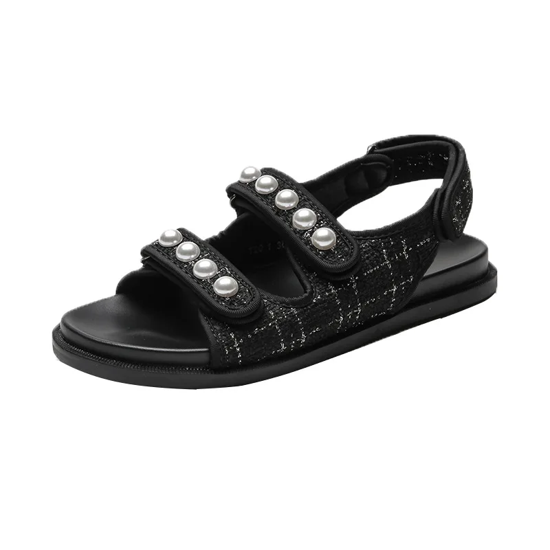 Женские босоножки с жемчугом черные однотонные сандалии-гладиаторы на плоской