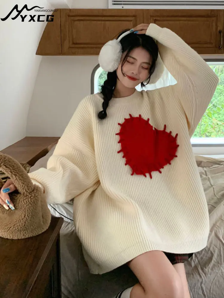 

Heart Print Korean Streetwear Sweater Women Knitted Jumper Loose Pullover Tops for Sweet Girls Sueter Blusa De Frio Feminina