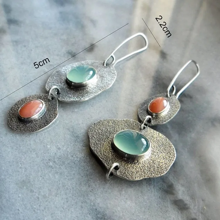 2023New Bohemian Mintcream Chalcedony Artificial Coral Earrings Asymmetric Vintage Thai Silver Earrings Earrings