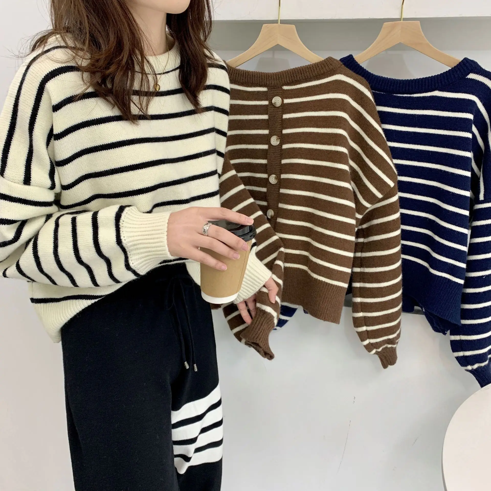 

Striped back button pullover sweater for women wearing autumn new Hong Kong style lazy style knit sweater trend