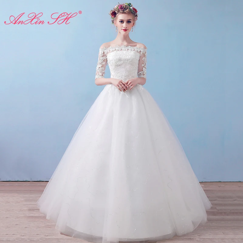 

Белое кружевное свадебное платье AnXin SH для принцессы, вечерние тажное вечернее платье с вырезом лодочкой и коротким рукавом, бальное платье для невесты, свадебное платье
