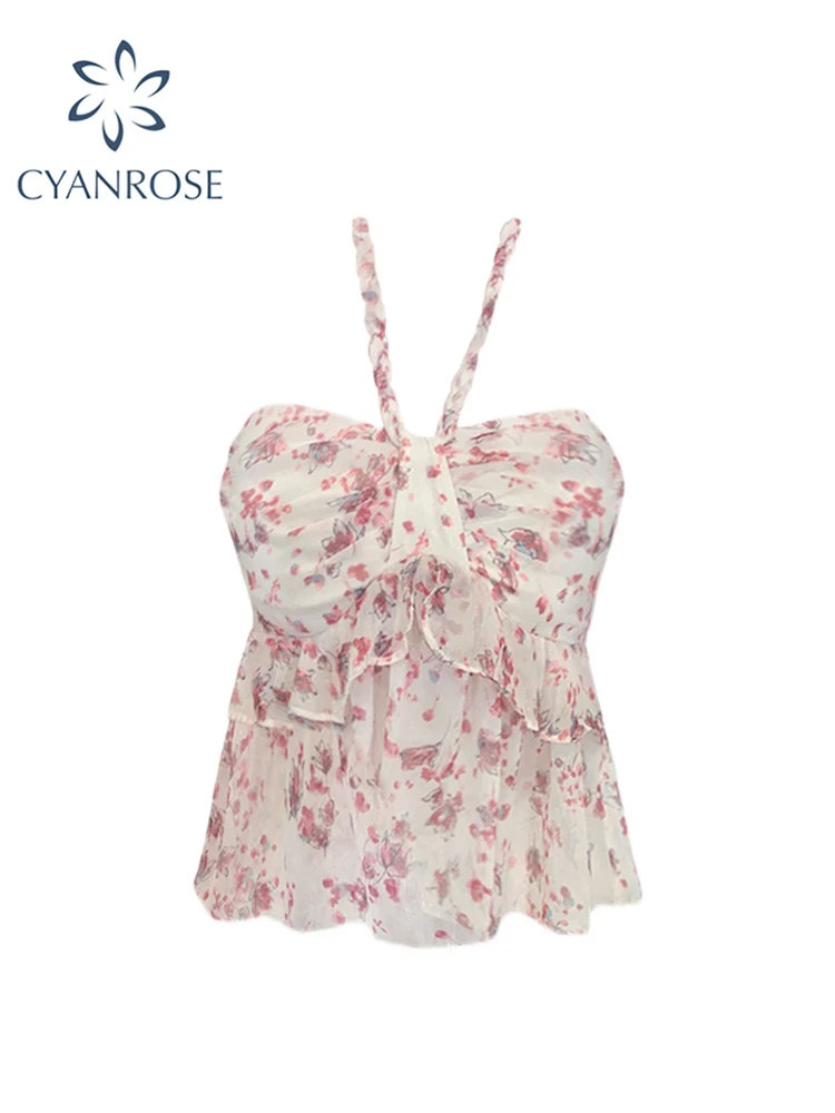 

Женский укороченный топ с цветочным принтом, шикарная майка Y2k, винтажная модная кофта без рукавов, жилет с лямкой на шее, летняя одежда