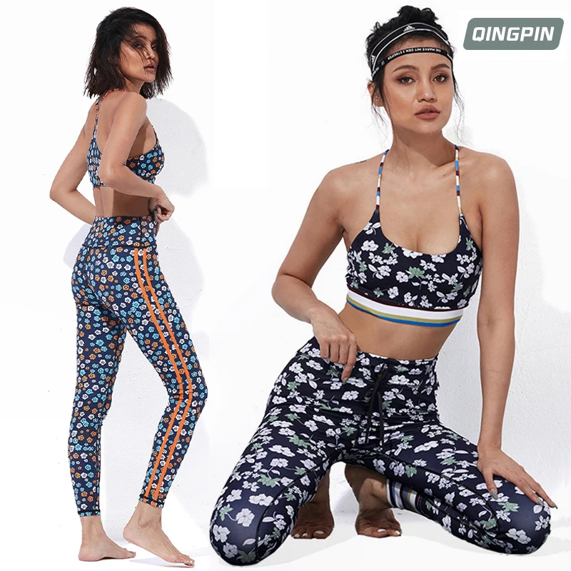 

Women 2 Piece Small Floral Yoga Clothing Sets Hip Lifting Tight Yoga Gym Pants Shockproof Bra Ladies Slim Workout Fitness Wear