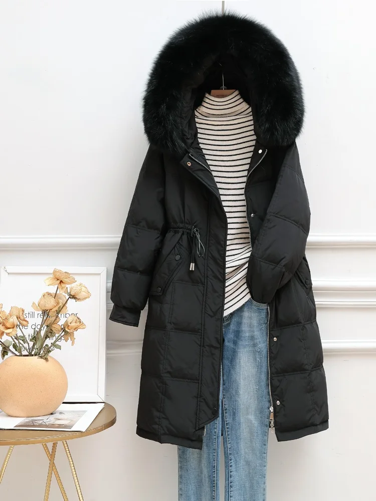 New Women Fox Fur Collar Long Down Jacket Casual Style Autumn Winter Coats And Parkas Female Outwear