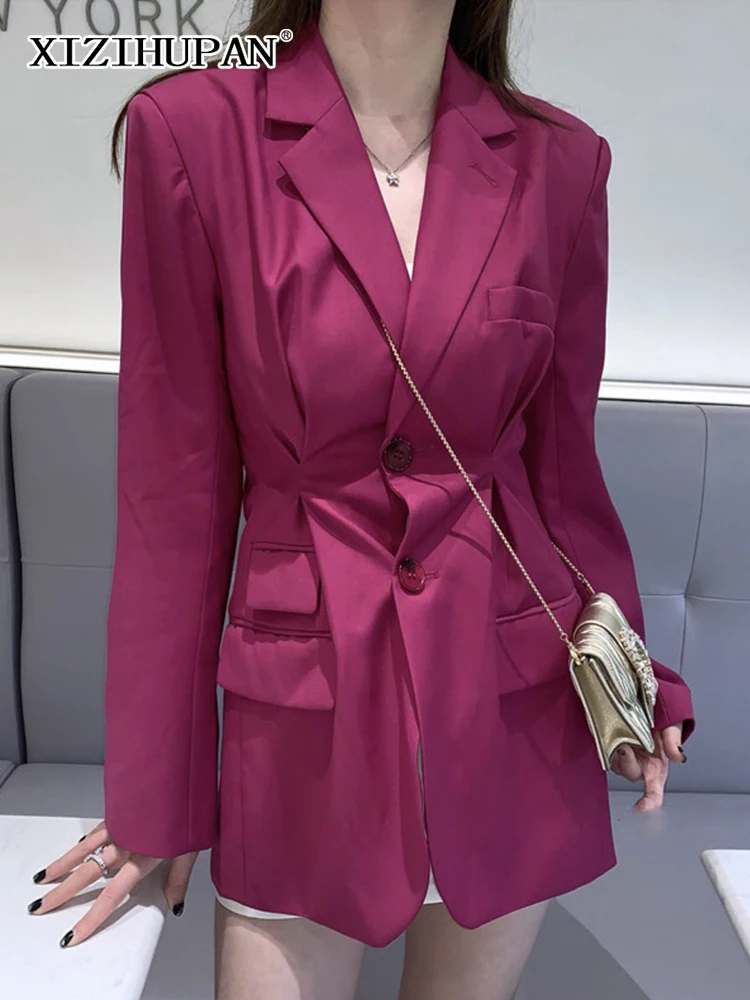 

XIZIHUPAN Casual Solid Blazer For Women Notched Long Sleeve Single Breasted Gathered Waist Coats Female 2022 Spring Clothing New