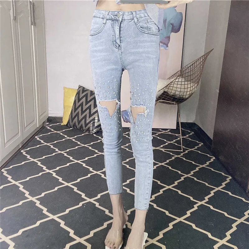

Jeans Women's Spring Summer New Heavy Industry High-waist Solid Color Diamond-studded Hole Button Nine-point Pencil Pants ZM198