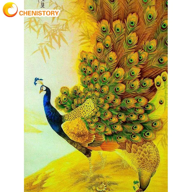 

CHENISTORY 5d Diy Diamond Painting Golden Peacock Cross Stitch Kit Diamond Embroidery Animal Pictures Of Rhinestones Home Decor