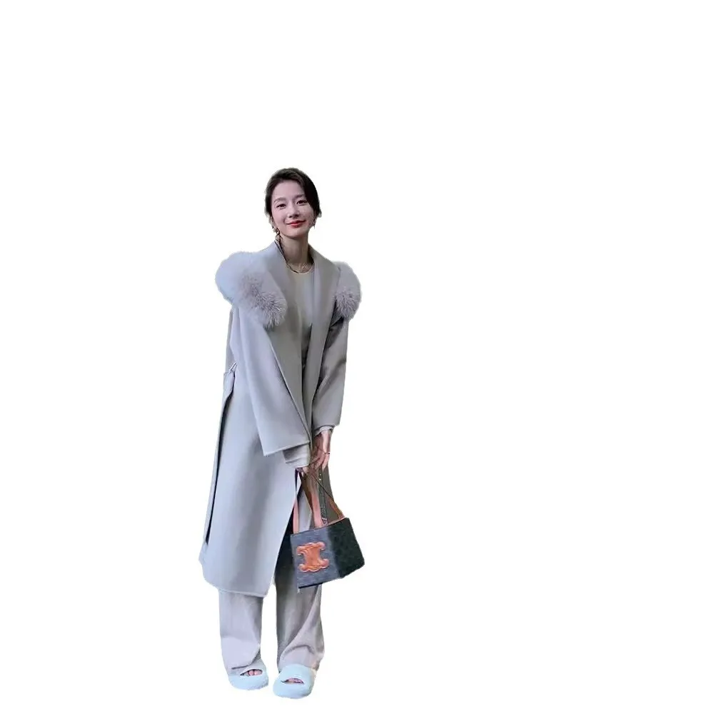 French Lazy 2024 осенне-зимнее новое двустороннее кашемировое пальто с капюшоном