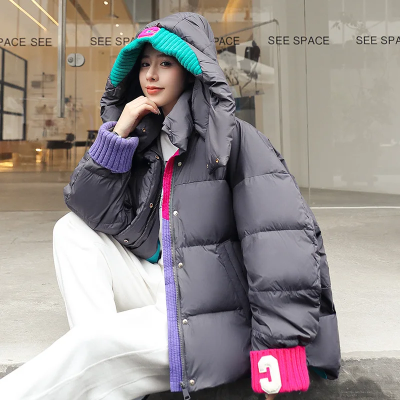 Winter Contrast Knitted Cuff Stitching Bread Fluffy Cotton-padded Jacket Women Winter Coat for Women