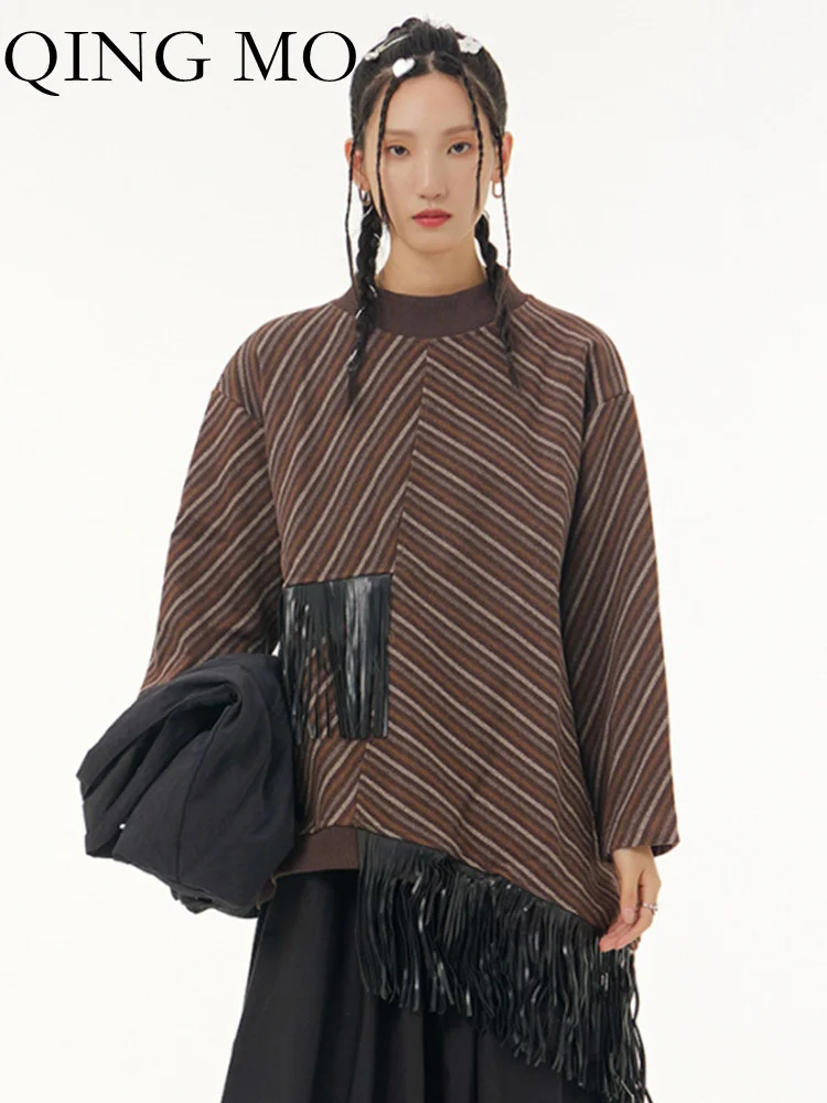 

QING MO 2023 Spring Autumn New Fashion Oversize Women Loose Show Slim Top Diagonal Stripe Splice Sweatshirt Female ZXF499