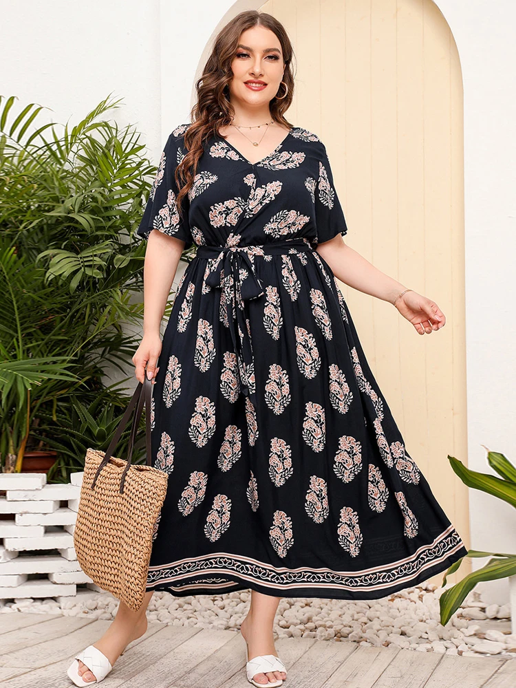 

Plus Size Summer Dress Woman V Neck Short Sleeve Floral Print Casual Long Dress Elastic High Waist Maxi Long Beach Dresses