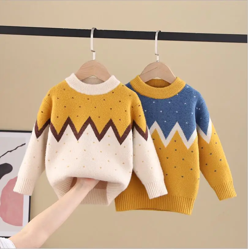 

Baby Kids Tshirt Sweater Baby Girl Geometric Wavy Dots Match Style Little Boy Outfit O-Neck Knitted Clothes for