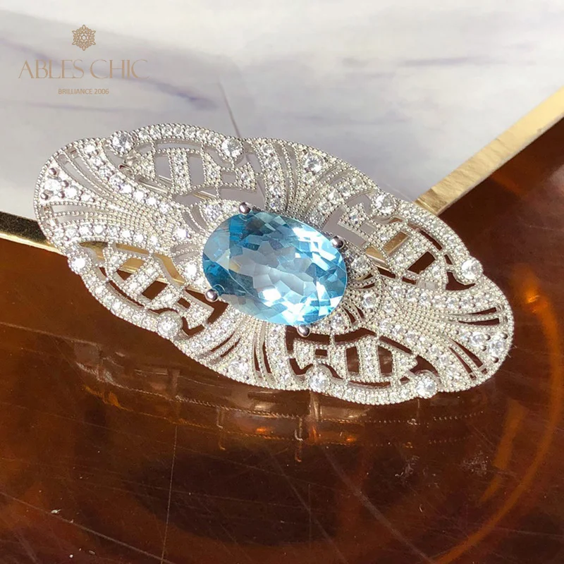 Sterling Silver Renaissance Natural Topaz Brooch Traditional Gemstone CZ Paved Flower Bridal Wedding Pin C11N3S26032