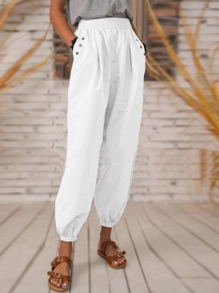 

Women's Solid Color Elastic Waist Trousers Summer Casual Vintage Button Bloomers Pants 2022 Office Elegant Commuter Lady Pants