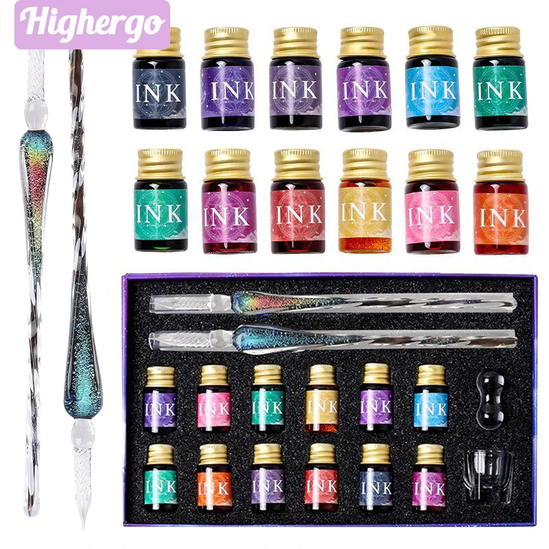 Highergo 16Pcs/Box Calligraphy Glass Pen Set Crystal Dip Pen 12 Colors Ink for Art Writing Drawing Signature Kids Artist Gifts