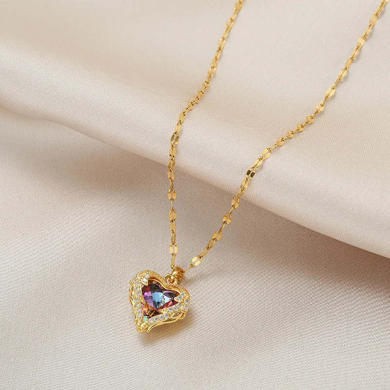 

Luxury Zircon Crystal Heart Of Ocean Pendant Stainless Steel Necklace For Women Korean Fashion Female Wedding Jewelry Neck Chain