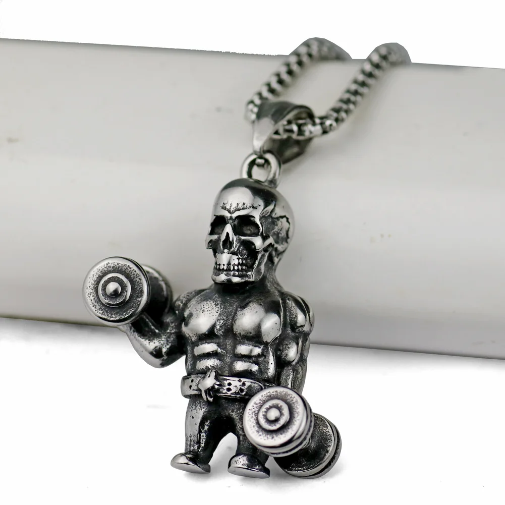 

Fashion Hip-Hop Punk Skull Dumbbell Pendant Necklace Men Lifting Dumbbell Muscle Macho Skull Design Rock Sports Jewelry