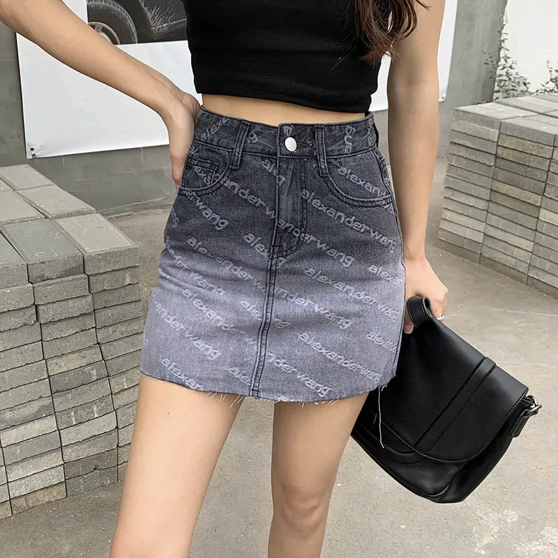 

Women Y2K Clothes Fashion Gradient Denim Skirts Summer High Waist Letters Mini Skirt Female Vintage Harajuku Ropa Mujer DK042