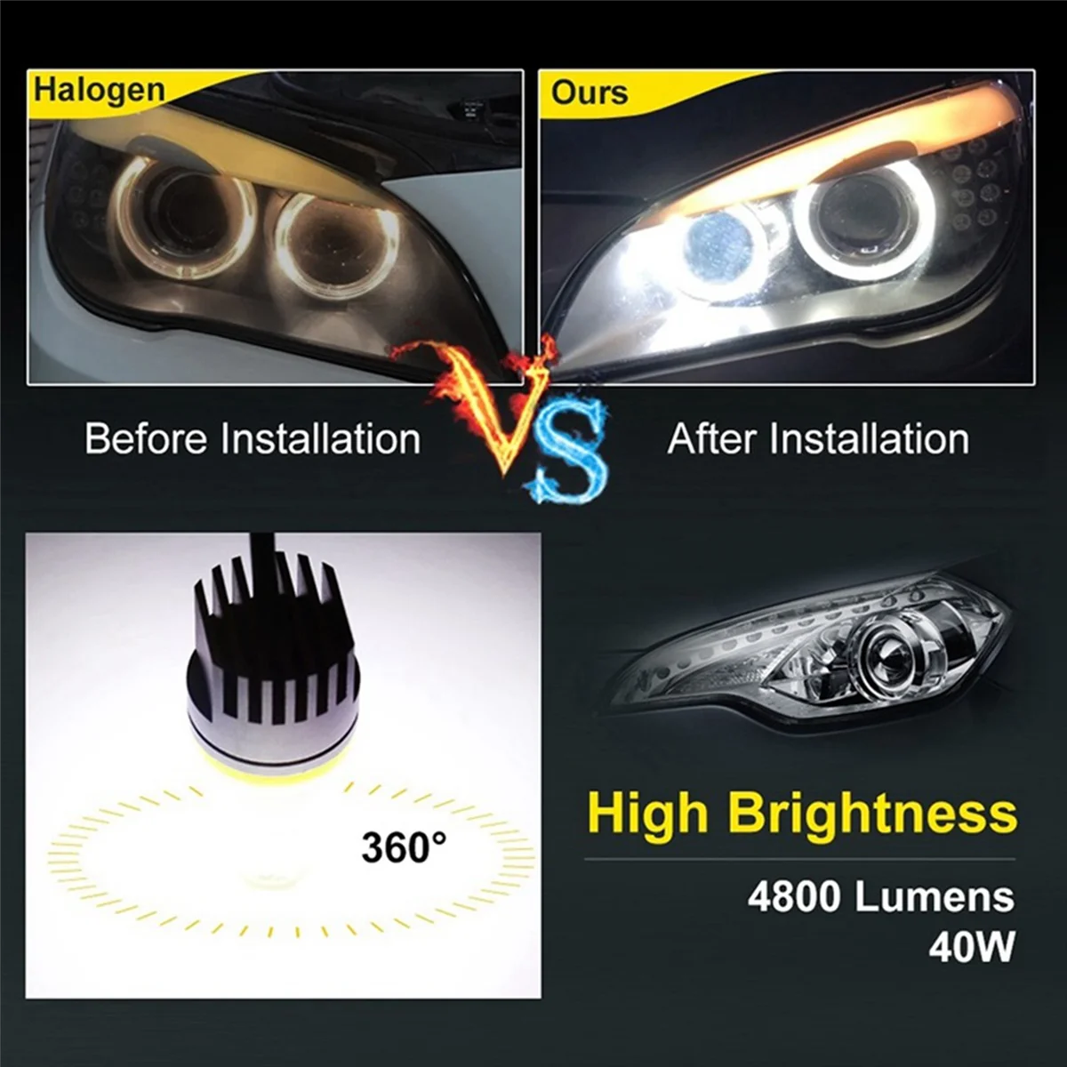 Лампа для фар H8 6000K 120W светодиодный Angel Eyes Lights Canbus BMW E60 E61 E63 X5 E70 X6 E71 E90 E91 E92 E93 M3 E89 E82