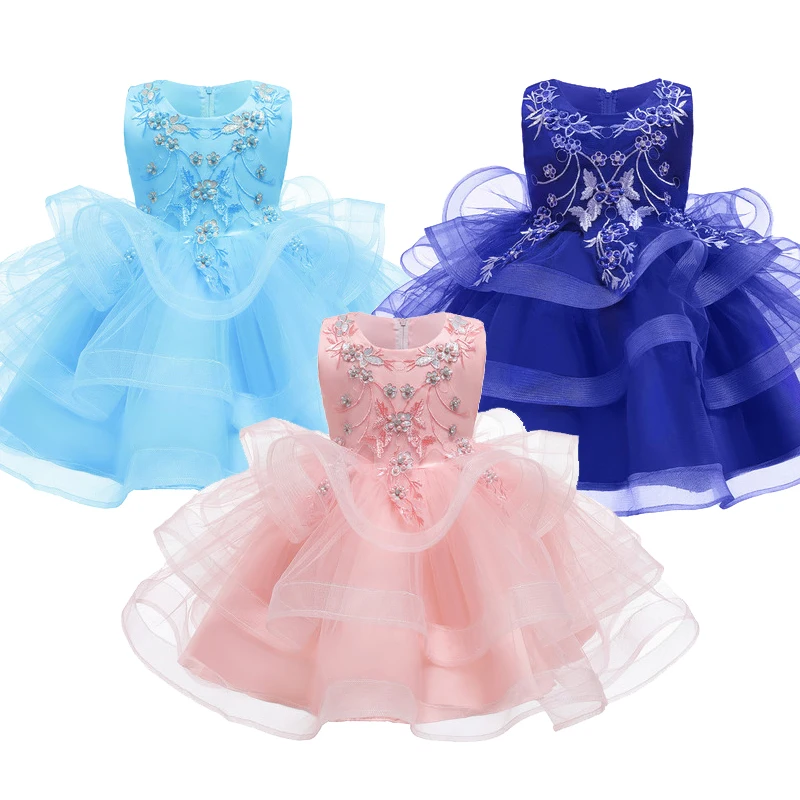 

Baby Girls Flower Embroidery Fancy Dress Birthday Wedding Party Children Layered Mesh Dresses Kids Bow Clothing Princess Costume