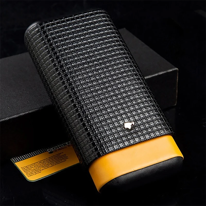 

COHIBA Cigar Case Tube Holder Black Leather Cedar Wood Portable Travel Humidor Box Holds 3 Cigars