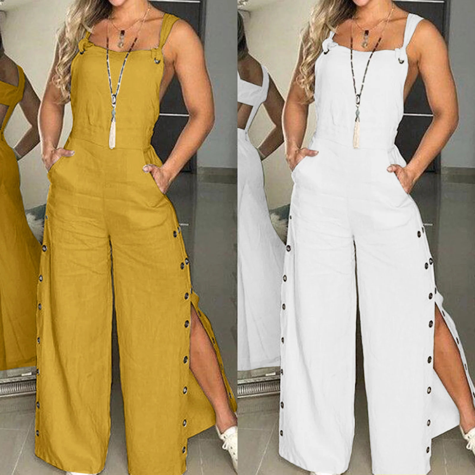 

Women's Summer Sleeveless Twisted Knot Cotton Linen Pants Button Openings Loose Long Pants With Pockets Loose Jumpsuit