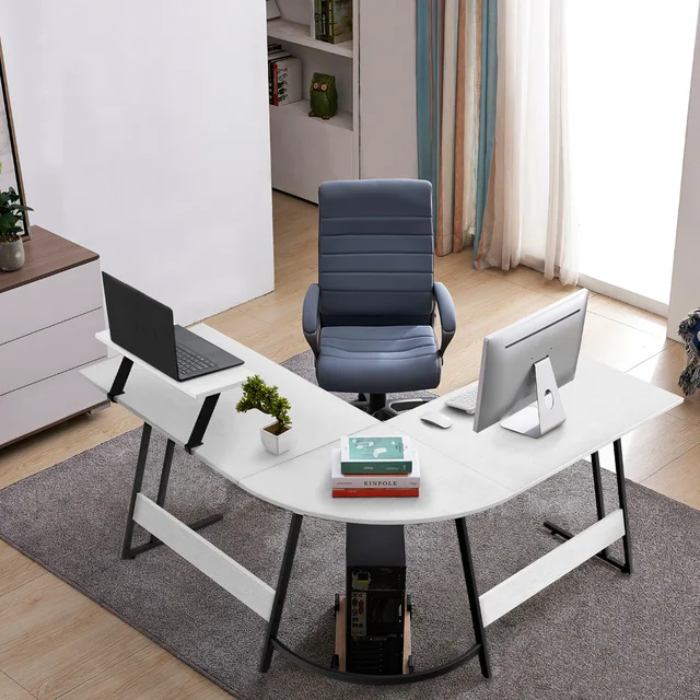 Vineego L-Shaped Computer Desk Modern Corner Desk with Small Table,White 4