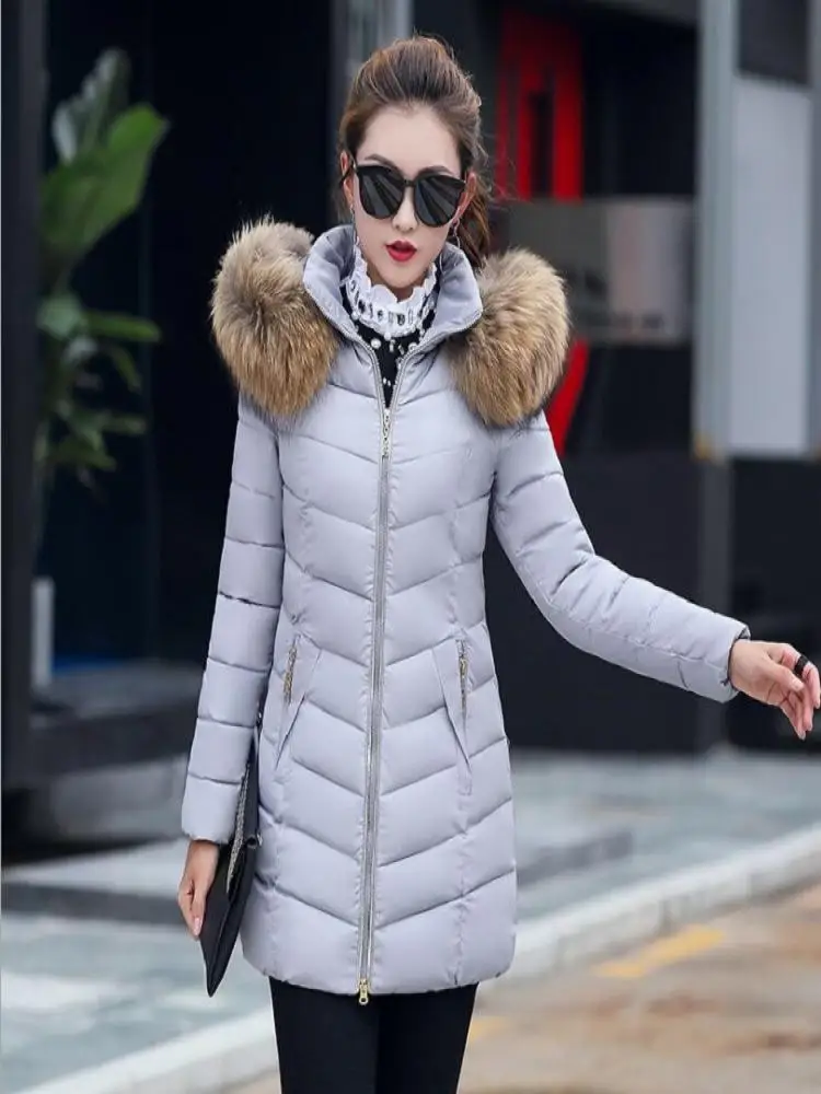 Winter Jacket Women Parkas Long Slim Women Overcoat Down Jacket Female Detachable Fur Collar Winter Coat with Zipper Pockets