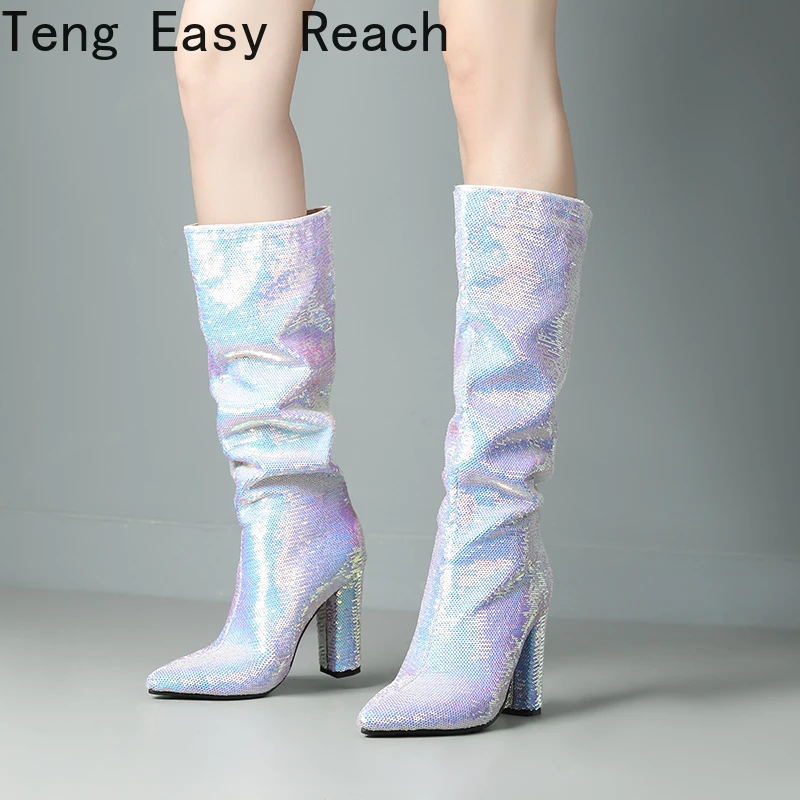 

New Sequined Pleated Women's Knee-high Boots Sexy Women's Pointy Heel Fashion Pullover Boots Sizes 33-43