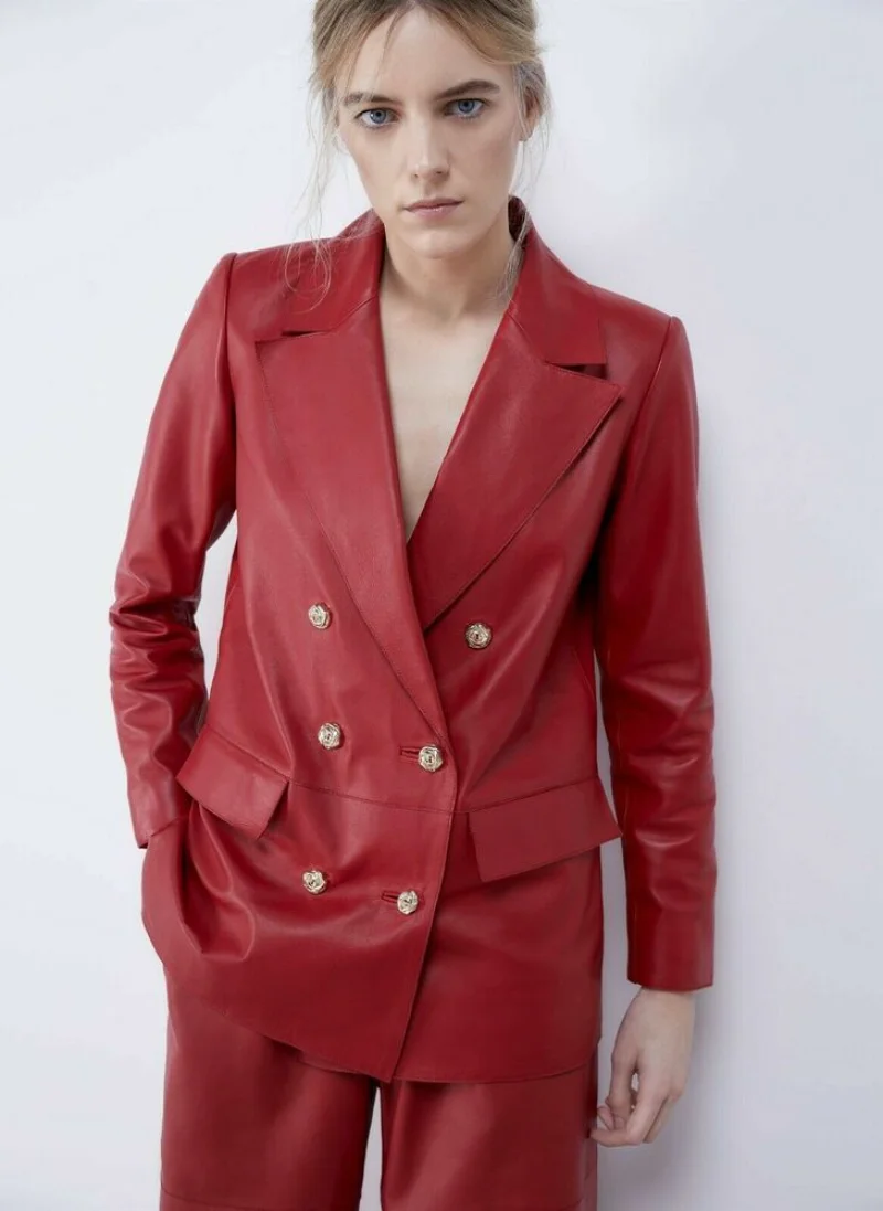 Stylish Lambskin Leather Red Genuine Women Formal Suit Blazer Designer Slim Fit