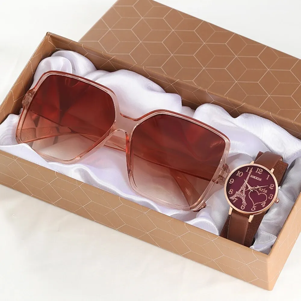 Модные кварцевые наручные часы с кожаным ремешком и пряжкой женский комплект