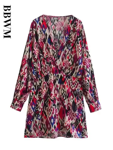 Print Dress Woman 2023 Ruffle Mini Dress Vintage Long Sleeve Short Dresses For Women Pleated Elegant Casual Women Chic Dresses