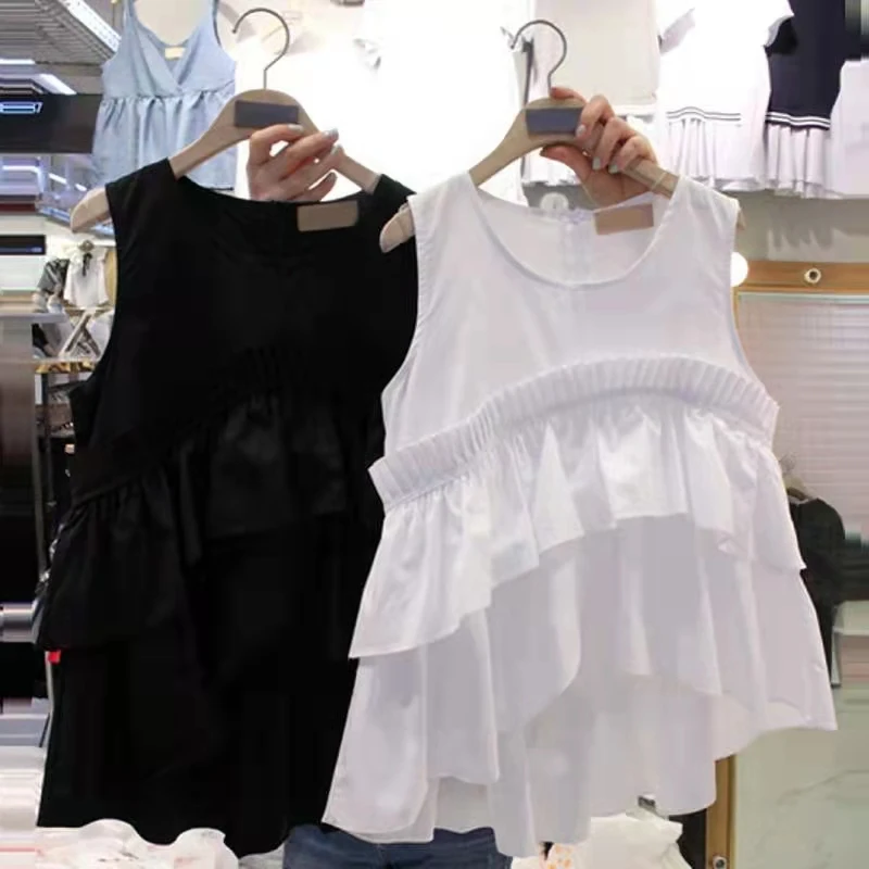 

VANOVICH 2022 Summer Women's New Sweet Sleeveless Ruffled Shirt Temperament O-neck Fashion Korean Style Pullover Solid Color Top