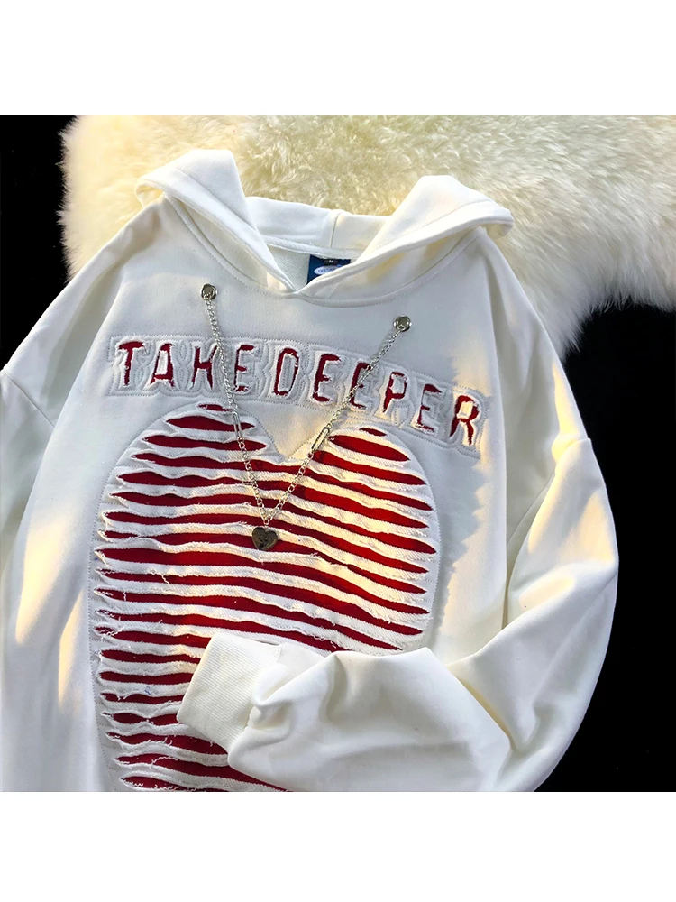 

Embroidered Ripped Heart Hooded Sweatshirt Women's Autumn Fashion Vintage Long Sleeve Pullover Lady Letter Hoodies Female