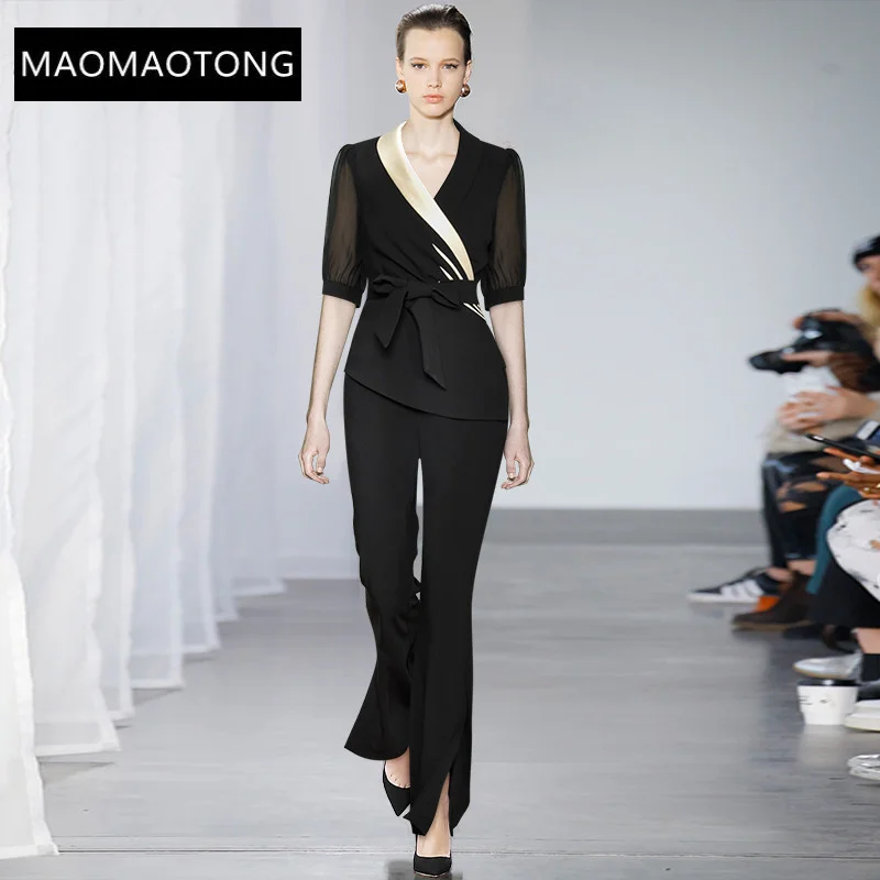 

Женский офисный костюм из двух предметов, модельный черный топ с коротким рукавом и брюки-клеш с поясом, лето