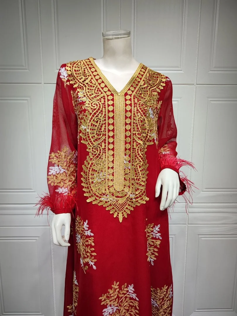 

Fashion Simple Abaya Dress Embroidery Panel Kaftan Red Loose V-Neck Feather Long Sleeve Abaya Turkey New 2022 Summer