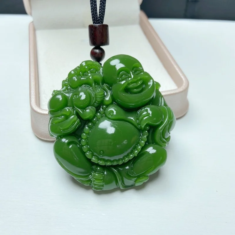 

Green Jade Maitreya Buddha Pendant Necklace Natural Jadeite Chinese Fashion Jewelry Carved Charm Amulet for Men Women Lucky Gift